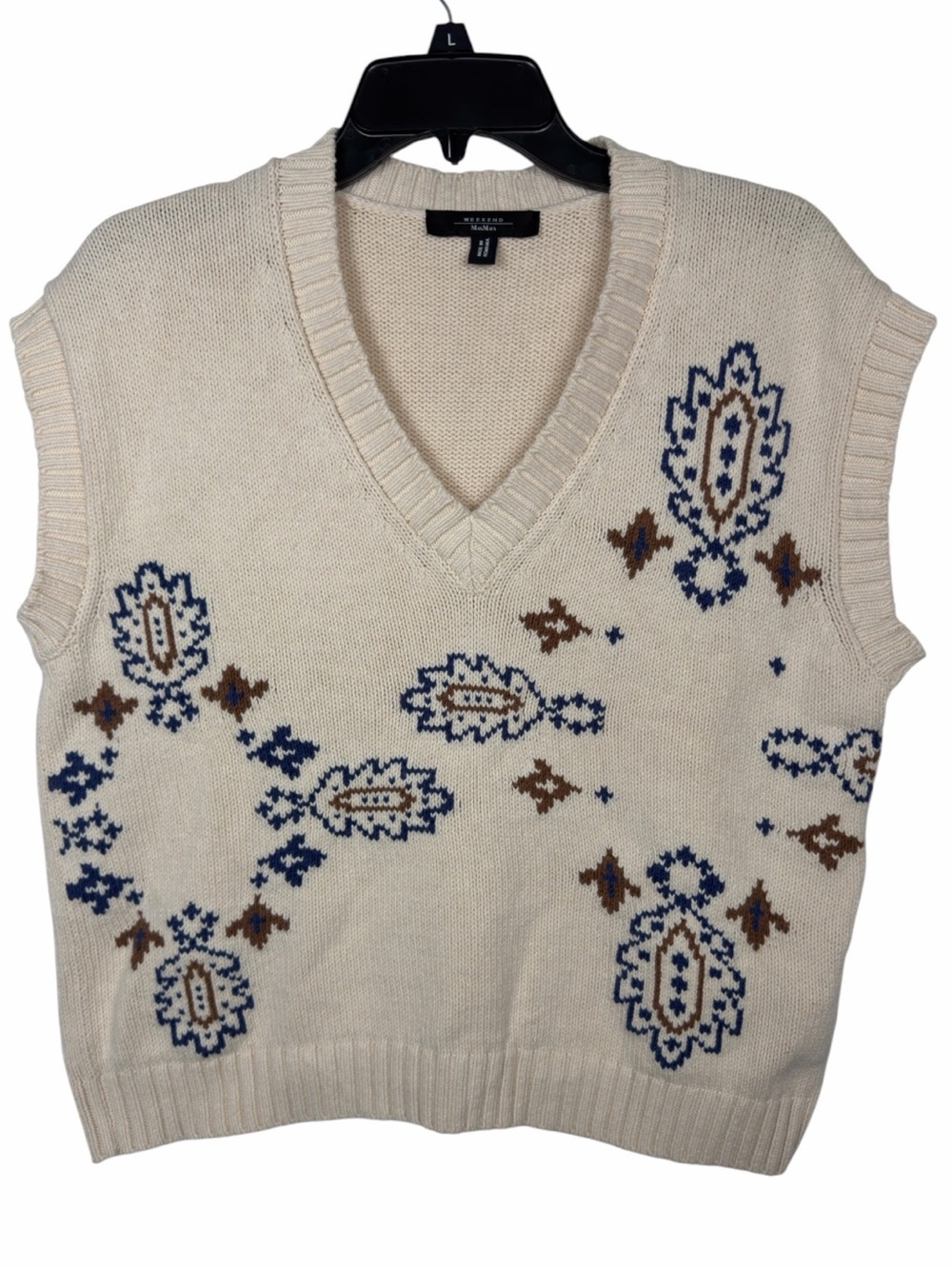 Weekend MaxMara Crusca NWOT Ivory Knit V-Neck Vest W/Blue & Brown Pattern. Small - Picture 6 of 16